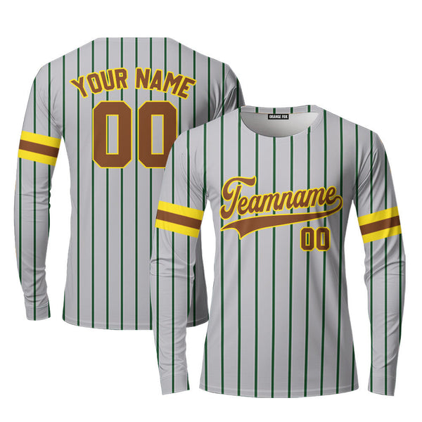 Custom Grey Green Pinstripe Yellow Brown Custom Long Sleeve T-Shirt For Men & Women