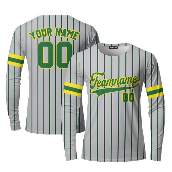 Custom Grey Green Pinstripe Yellow Green Custom Long Sleeve T-Shirt For Men & Women