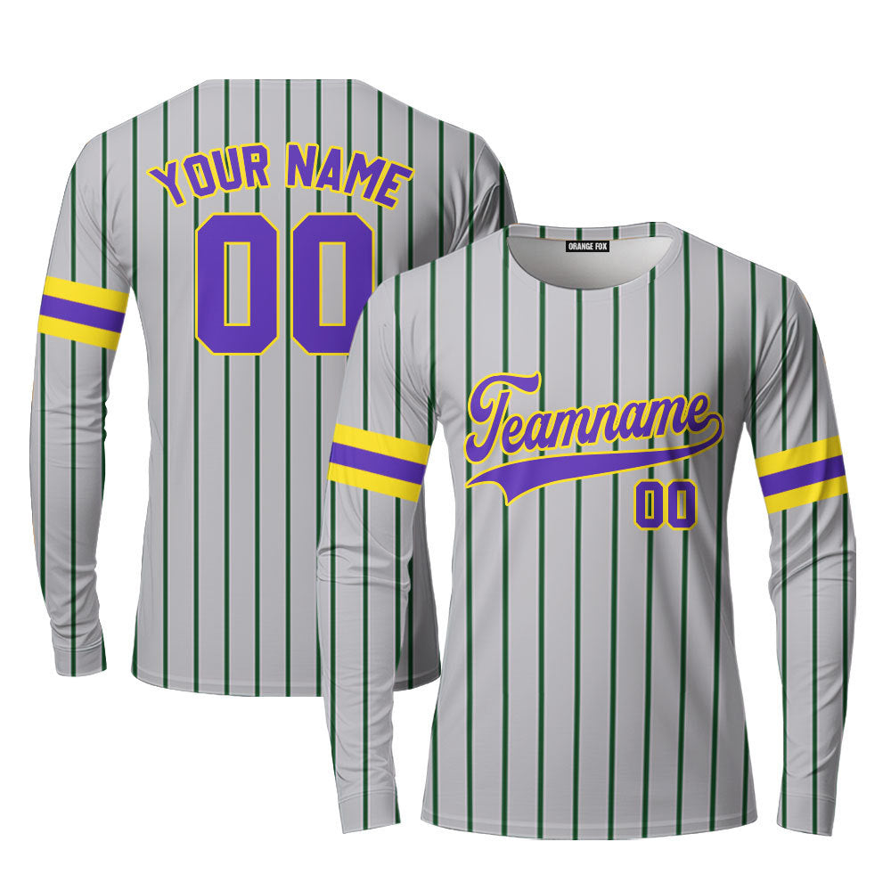 Custom Grey Green Pinstripe Yellow Purple Custom Long Sleeve T-Shirt For Men & Women