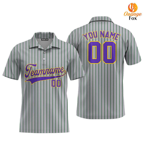 Custom Grey Green Pinstripe Yellow Purple Custom Polo Shirt For Men