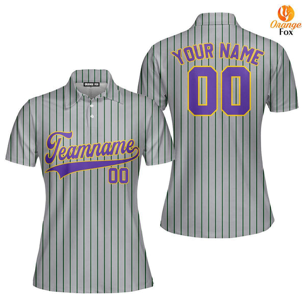 Custom Grey Green Pinstripe Yellow Purple Custom Polo Shirt For Women