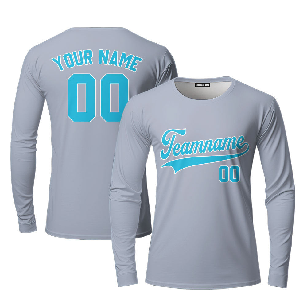 Custom Grey Light Blue White Custom Long Sleeve T-Shirt For Men & Women