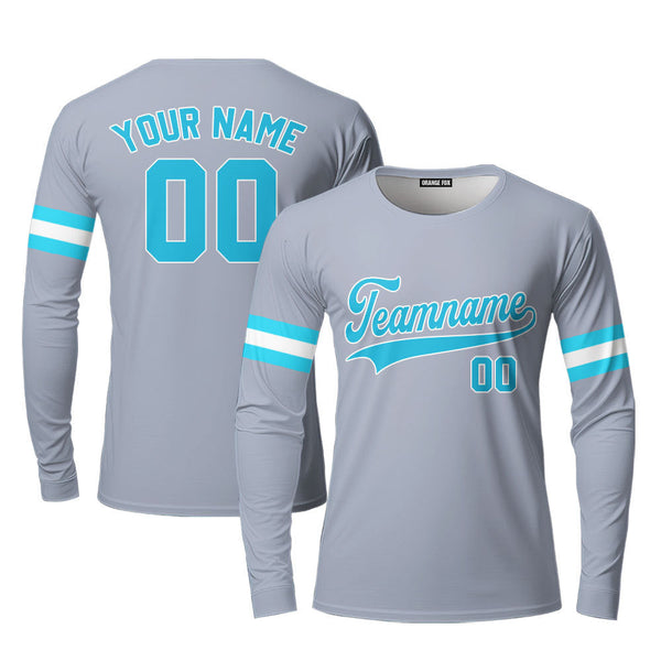 Custom Grey Light Blue White Custom Long Sleeve T-Shirt For Men & Women