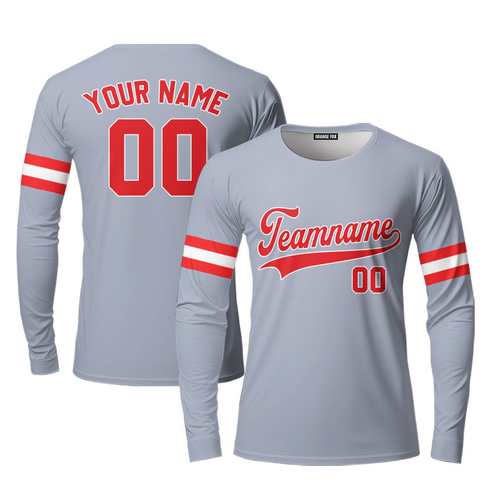 Custom Grey Red White Custom Long Sleeve T-Shirt For Men & Women