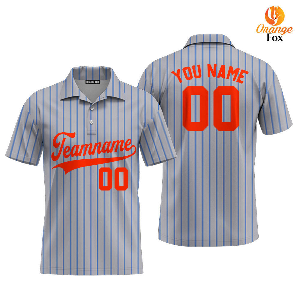 Custom Grey Royal Blue Pinstripe Orange Custom Polo Shirt For Men