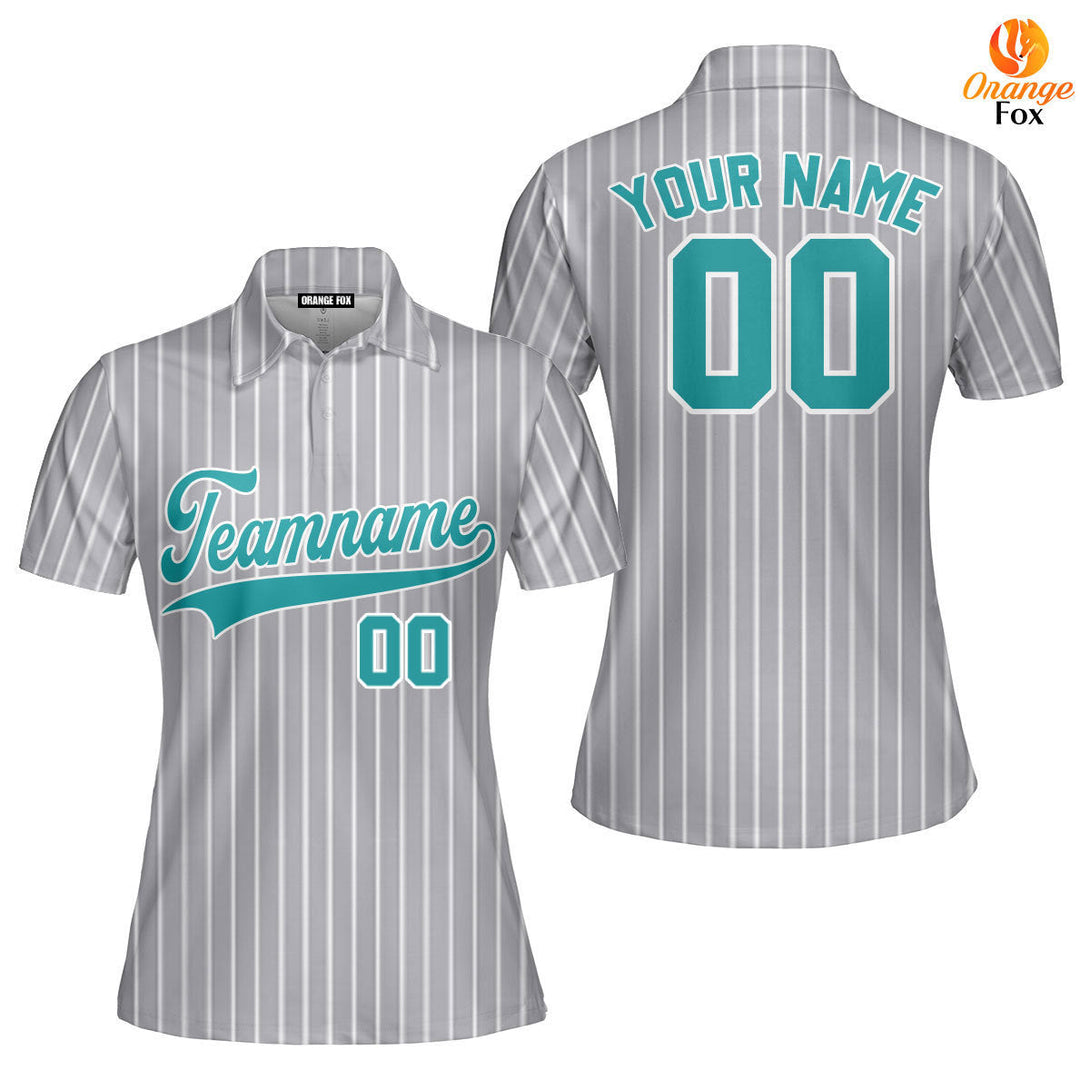 Custom Grey White Pinstripe Aqua Custom Polo Shirt For Women