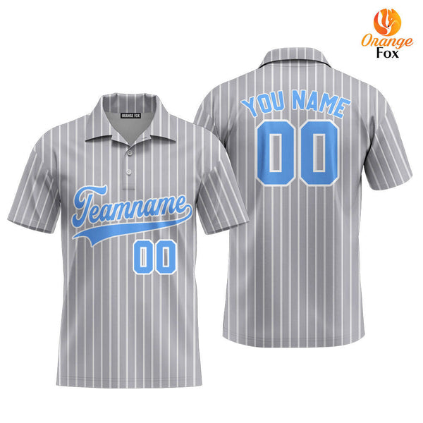 Custom Grey White Pinstripe Light Blue Custom Polo Shirt For Men