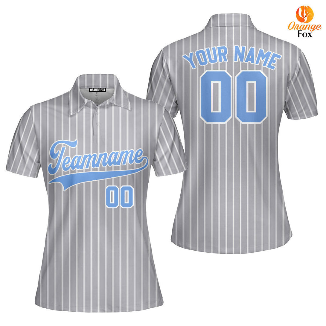 Custom Grey White Pinstripe Light Blue Custom Polo Shirt For Women