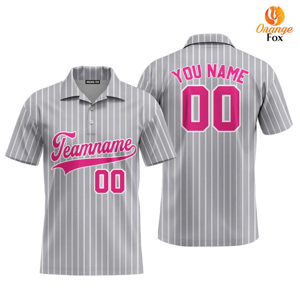 Custom Grey White Pinstripe Pink Custom Polo Shirt For Men