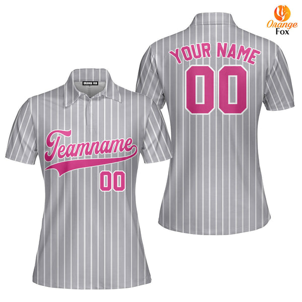 Custom Grey White Pinstripe Pink Custom Polo Shirt For Women