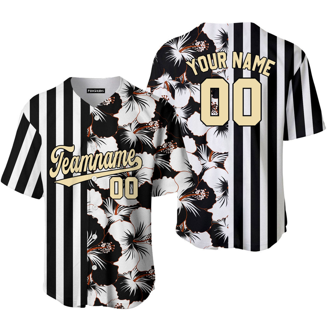 Custom Hibicus Black Pinstripe Cream-Black Split Fashion Baseball Jerseys For Men & Women