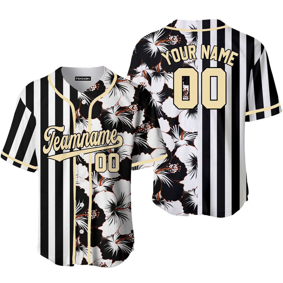 Custom Hibicus Black Pinstripe Cream-Black Split Fashion Baseball Jerseys For Men & Women