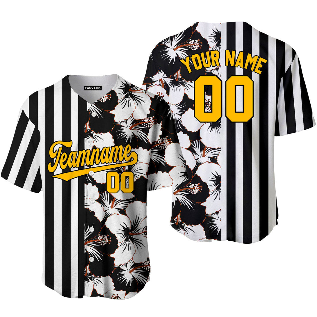 Custom Hibicus Black Pinstripe Gold-Black Split Fashion Baseball Jerseys For Men & Women