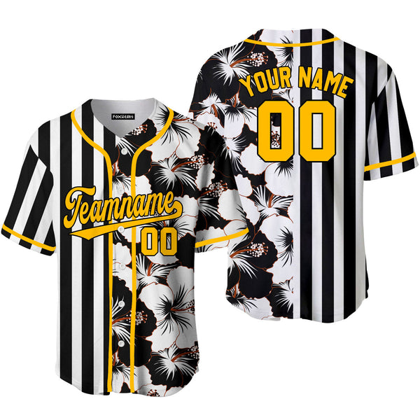 Custom Hibicus Black Pinstripe Gold-Black Split Fashion Baseball Jerseys For Men & Women