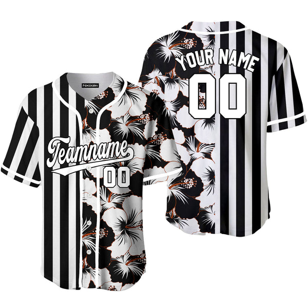 Custom Hibicus Black Pinstripe White-Black Split Fashion Baseball Jerseys For Men & Women