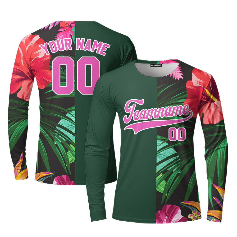 Custom Hibicus Kelly Green Pink Custom Long Sleeve T-Shirt For Men & Women