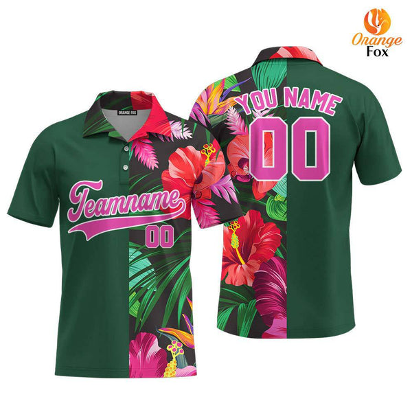 Custom Hibicus Kelly Green Pink Custom Polo Shirt For Men