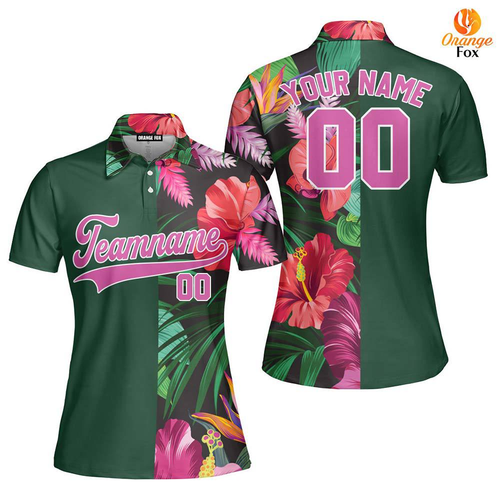 Custom Hibicus Kelly Green Pink Custom Polo Shirt For Women