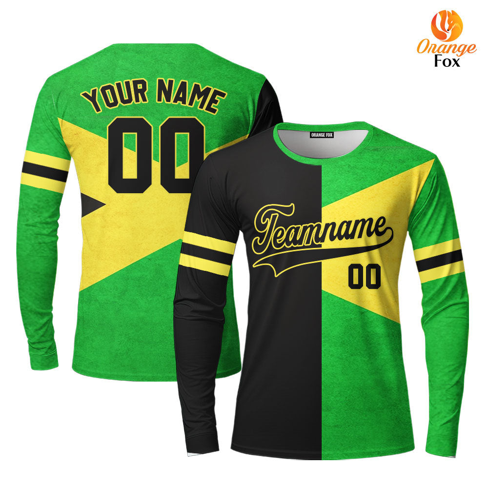 Custom Jamaica Flag Black Yellow Custom Long Sleeve T-Shirt For Men & Women