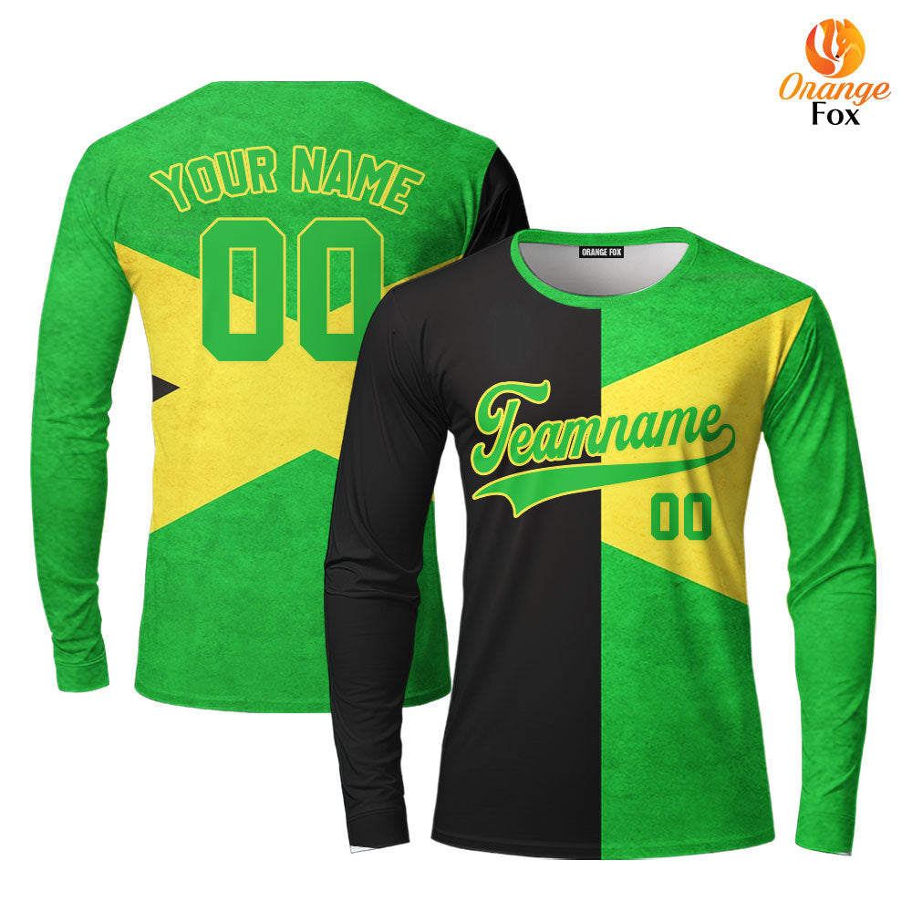 Custom Jamaica Flag Green Yellow Custom Long Sleeve T-Shirt For Men & Women