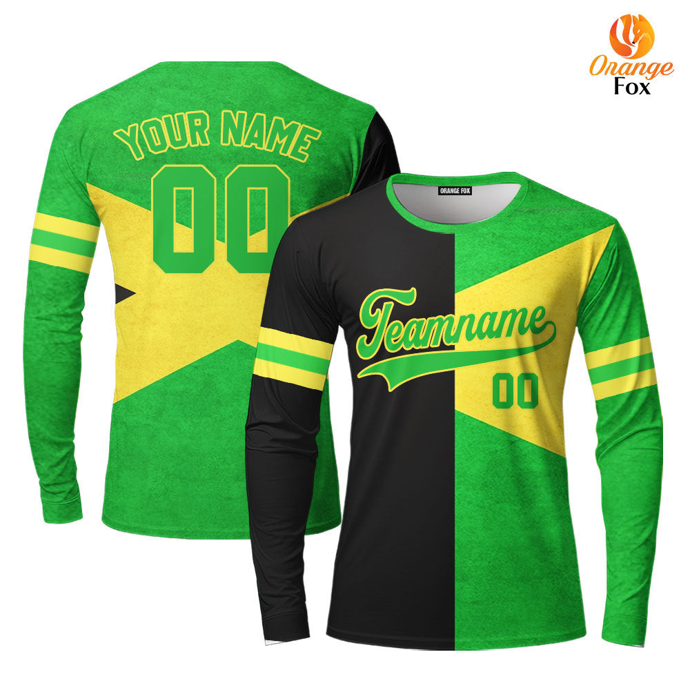 Custom Jamaica Flag Green Yellow Custom Long Sleeve T-Shirt For Men & Women