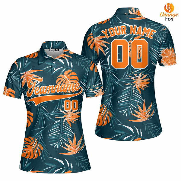 Custom Jungle Palm Tropical Pattern Orange White Custom Polo Shirt For Women