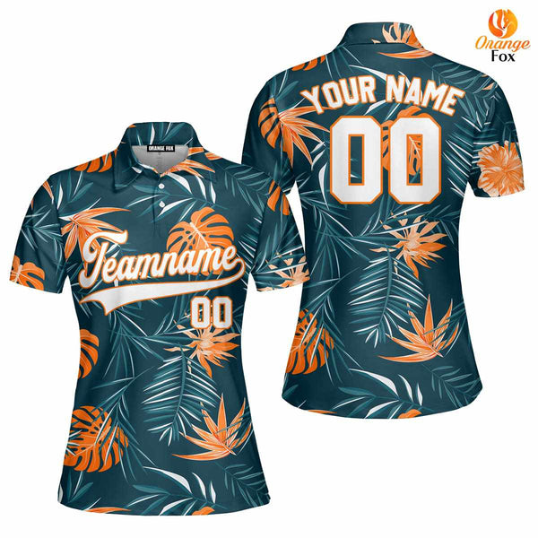 Custom Jungle Palm Tropical Pattern White Orange Custom Polo Shirt For Women