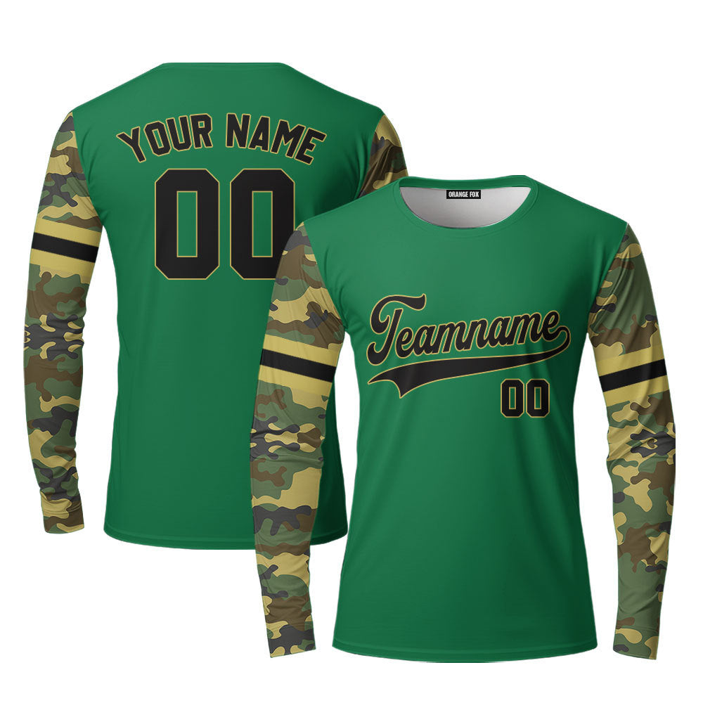 Custom Kelly Green Camo Raglan Black Cream Custom Long Sleeve T-Shirt For Men & Women