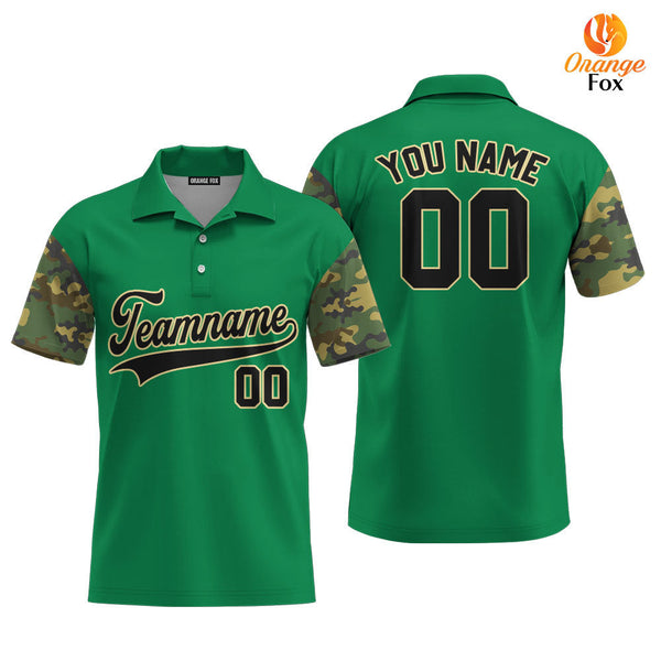 Custom Kelly Green Camo Raglan Black Cream Custom Polo Shirt For Men