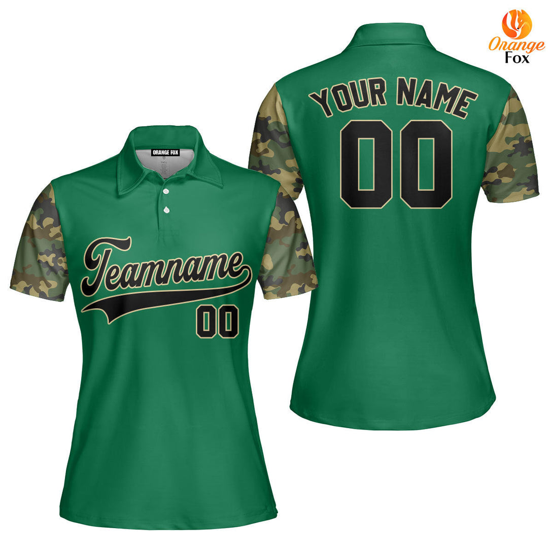 Custom Kelly Green Camo Raglan Black Cream Custom Polo Shirt For Women