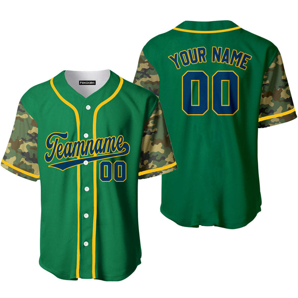 Custom Kelly Green Camo Raglan Navy Blue Yellow Baseball Jerseys For Men & Women