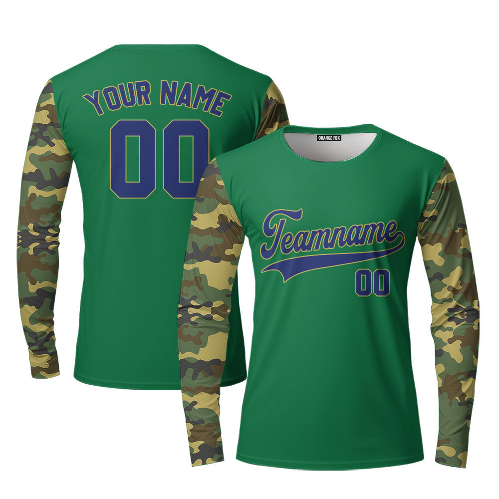 Custom Kelly Green Camo Raglan Navy Blue Yellow Custom Long Sleeve T-Shirt For Men & Women