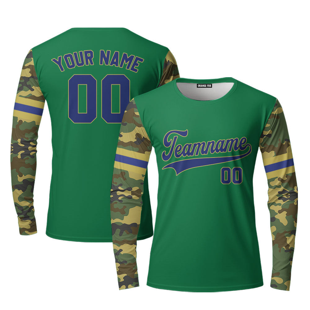 Custom Kelly Green Camo Raglan Navy Blue Yellow Custom Long Sleeve T-Shirt For Men & Women