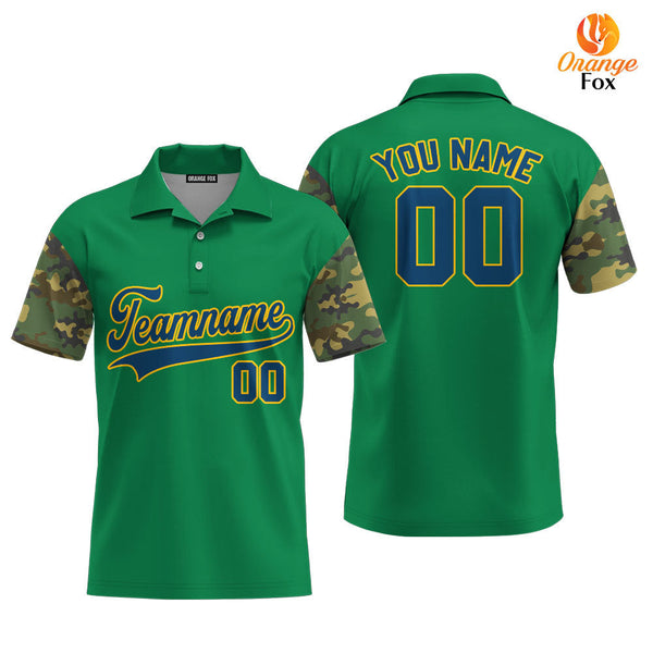 Custom Kelly Green Camo Raglan Navy Blue Yellow Custom Polo Shirt For Men