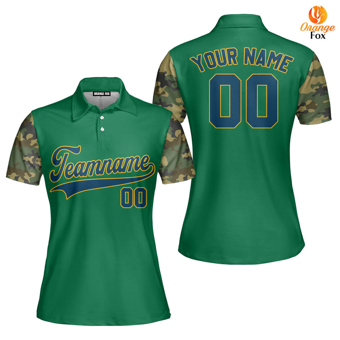 Custom Kelly Green Camo Raglan Navy Blue Yellow Custom Polo Shirt For Women