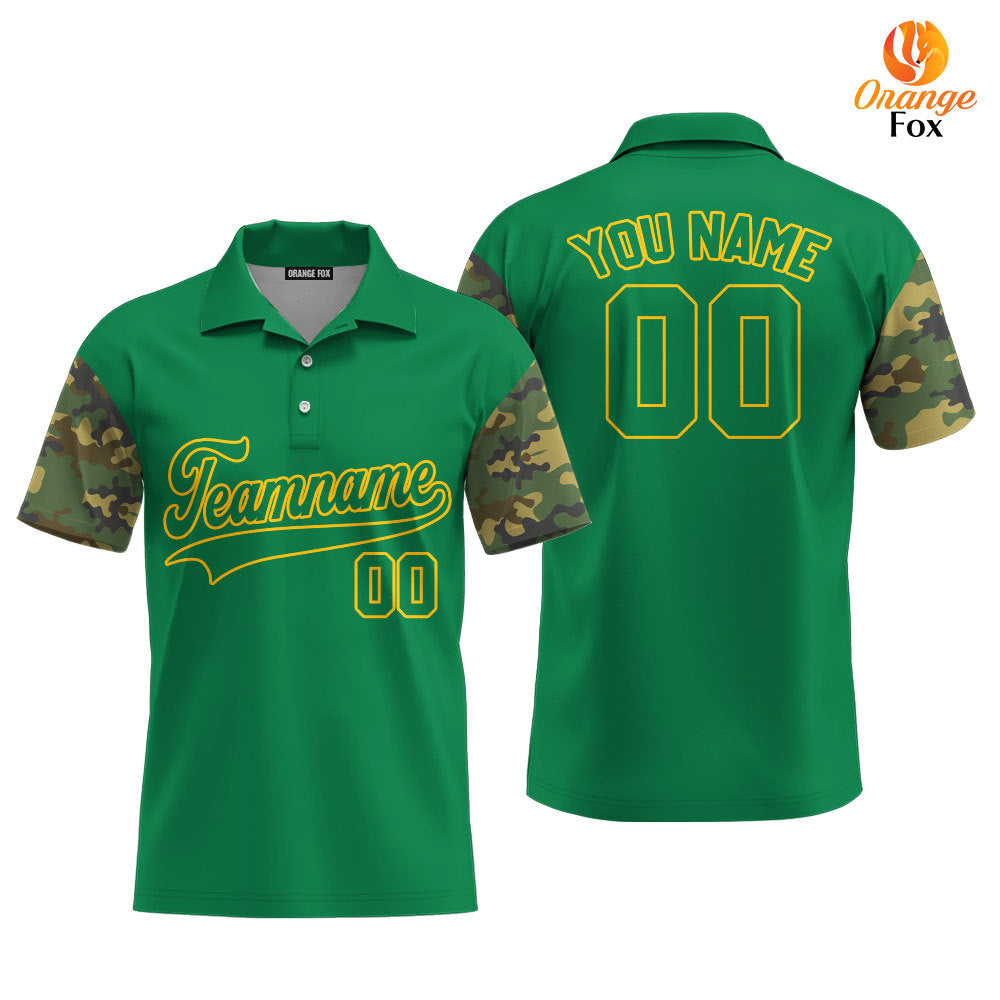 Custom Kelly Green Camo Raglan Yellow Custom Polo Shirt For Men