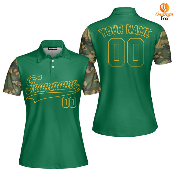 Custom Kelly Green Camo Raglan Yellow Custom Polo Shirt For Women