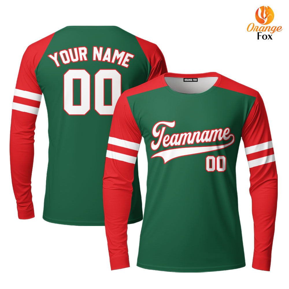 Custom Kelly Green Red Raglan White Custom Long Sleeve T-Shirt For Men & Women