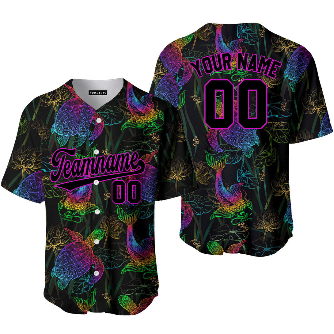 Custom Koi Fish Turtle And Lotus Neon Pattern Black Pink Custom Baseball Jerseys For Men & Women