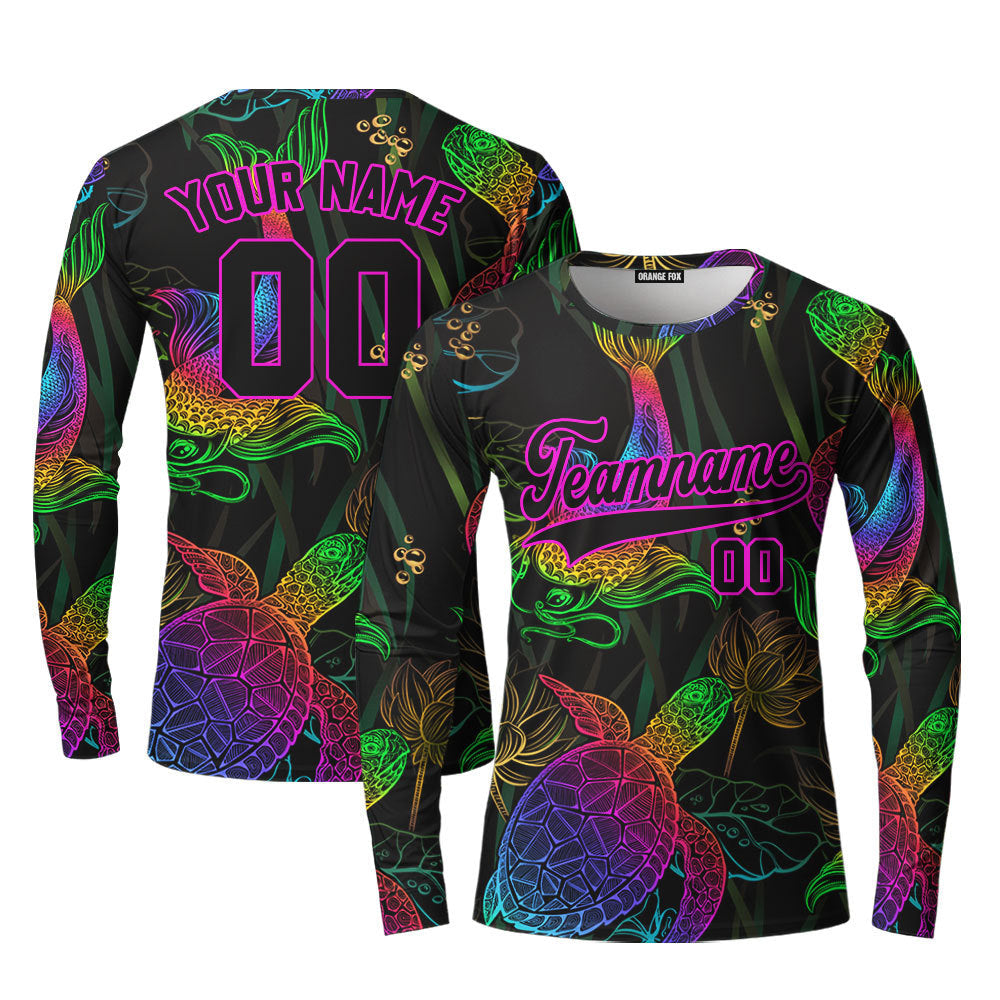 Custom Koi Fish Turtle And Lotus Neon Pattern Black Pink Custom Long Sleeve T-Shirt For Men & Women