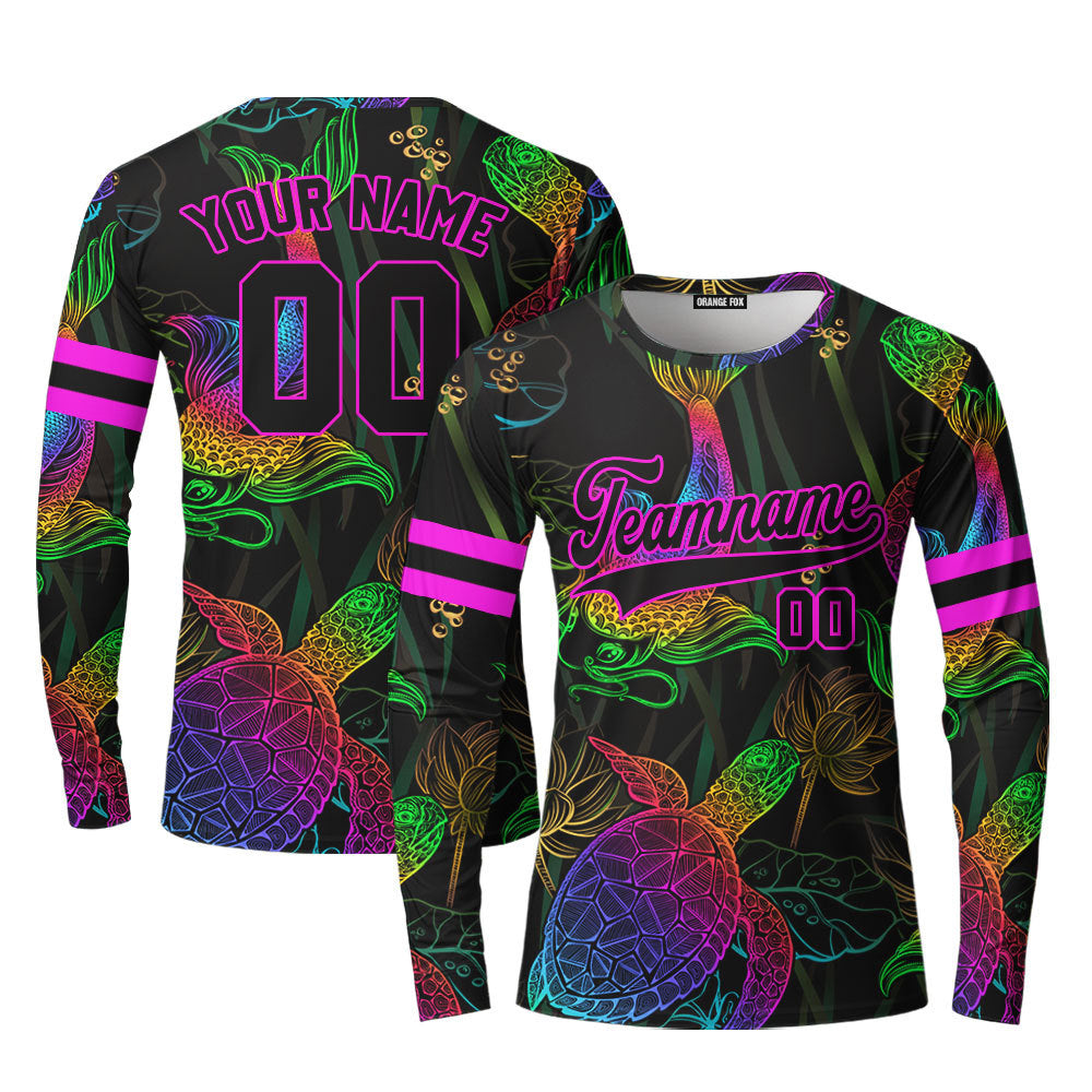 Custom Koi Fish Turtle And Lotus Neon Pattern Black Pink Custom Long Sleeve T-Shirt For Men & Women