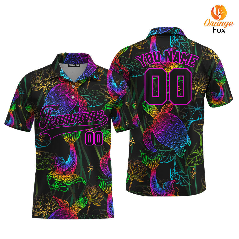 Custom Koi Fish Turtle And Lotus Neon Pattern Black Pink Custom Polo Shirt For Men