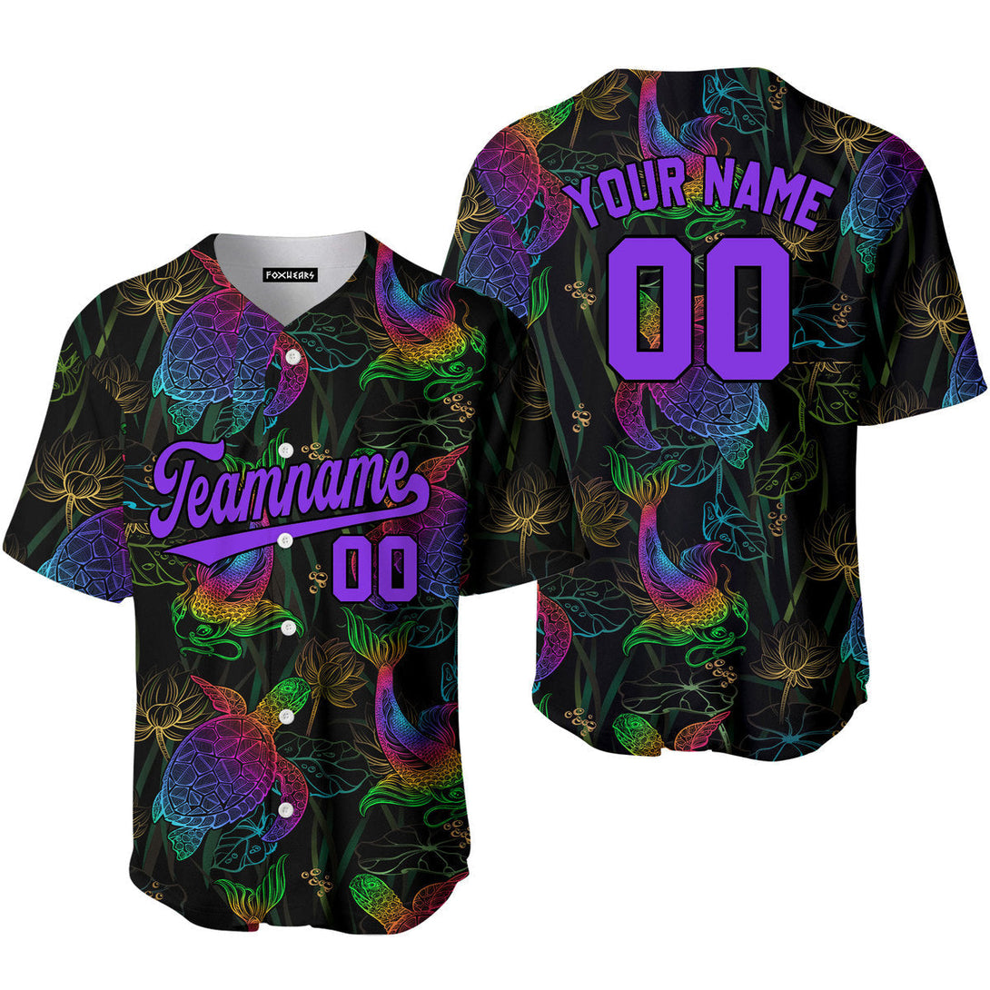 Custom Koi Fish Turtle And Lotus Neon Pattern Purple Black Custom Baseball Jerseys For Men & Women