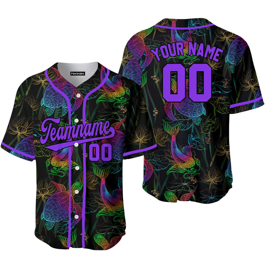 Custom Koi Fish Turtle And Lotus Neon Pattern Purple Black Custom Baseball Jerseys For Men & Women