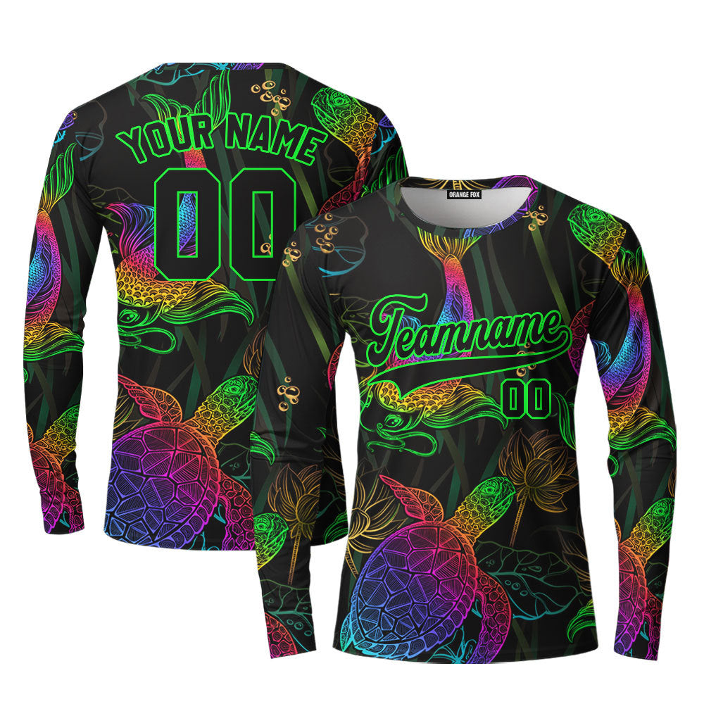 Custom Koi Fish Turtle And Lotus Neon Pattern Purple Black Custom Long Sleeve T-Shirt For Men & Women