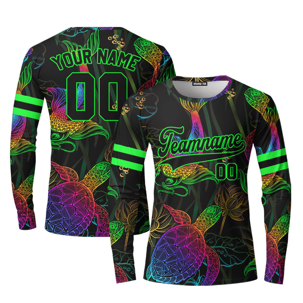 Custom Koi Fish Turtle And Lotus Neon Pattern Purple Black Custom Long Sleeve T-Shirt For Men & Women