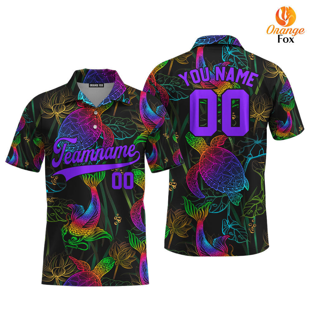 Custom Koi Fish Turtle And Lotus Neon Pattern Purple Black Custom Polo Shirt For Men