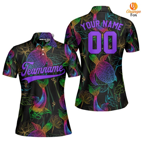 Custom Koi Fish Turtle And Lotus Neon Pattern Purple Black Custom Polo Shirt For Women