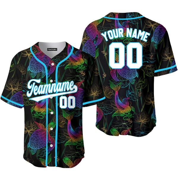 Custom Koi Fish Turtle And Lotus Neon Pattern White Light Blue Custom Baseball Jerseys For Men & Women