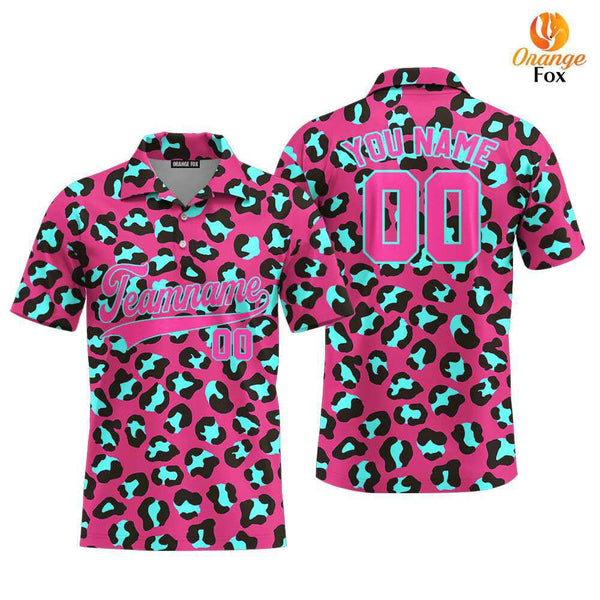 Custom Leopard On Pink Pattern Pink Light Blue Custom Polo Shirt For Men